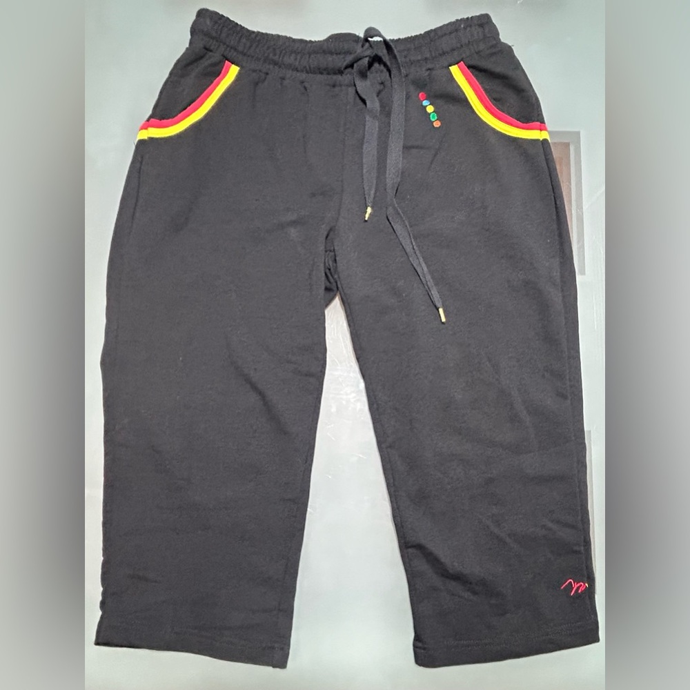 COOGI Vintage Logo Black Artist Artsy Stripe Rainbow Capri Long Shorts Size M